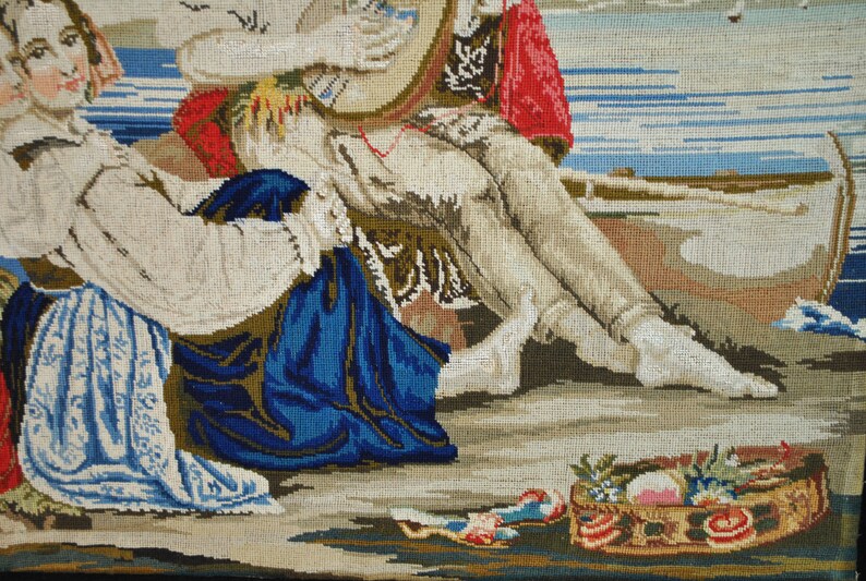 Large 27 Needlework Art 1850s Antique Victorian Petit Point Needlepoint Troubadour Courting Lady Tapestry Scene