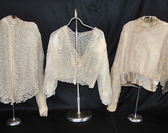 Victorian Three Victorian Womens Fancy Lace Blouses, Early 1900s