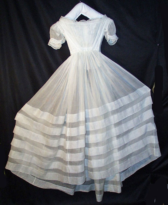 Antique Victorian White Cotton Lawn Dress - 1840's