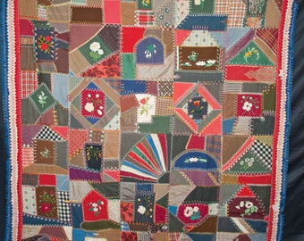 Antique 1880 Crazy Quilt  Hand Stitched Embroidered With Raised Flowers 92-1/2&quot; X 77-1/2&quot;.