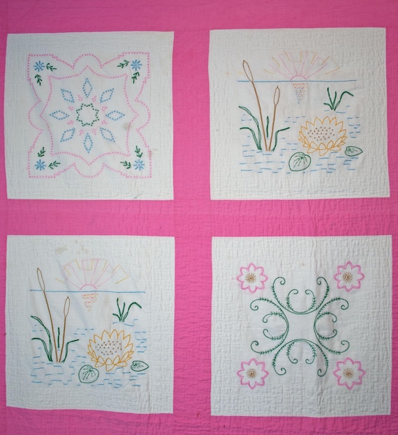 1940 年代の花柄刺繍キルト、手縫い、キルティング、83 インチ x 64