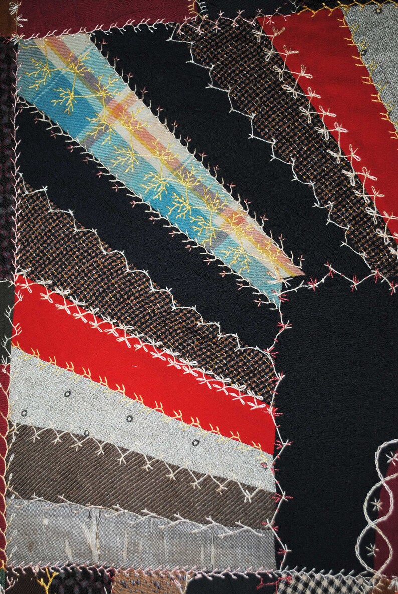Dated 1906 Crazy Quilt Top Heavily Hand Stitched Embroidery image 5