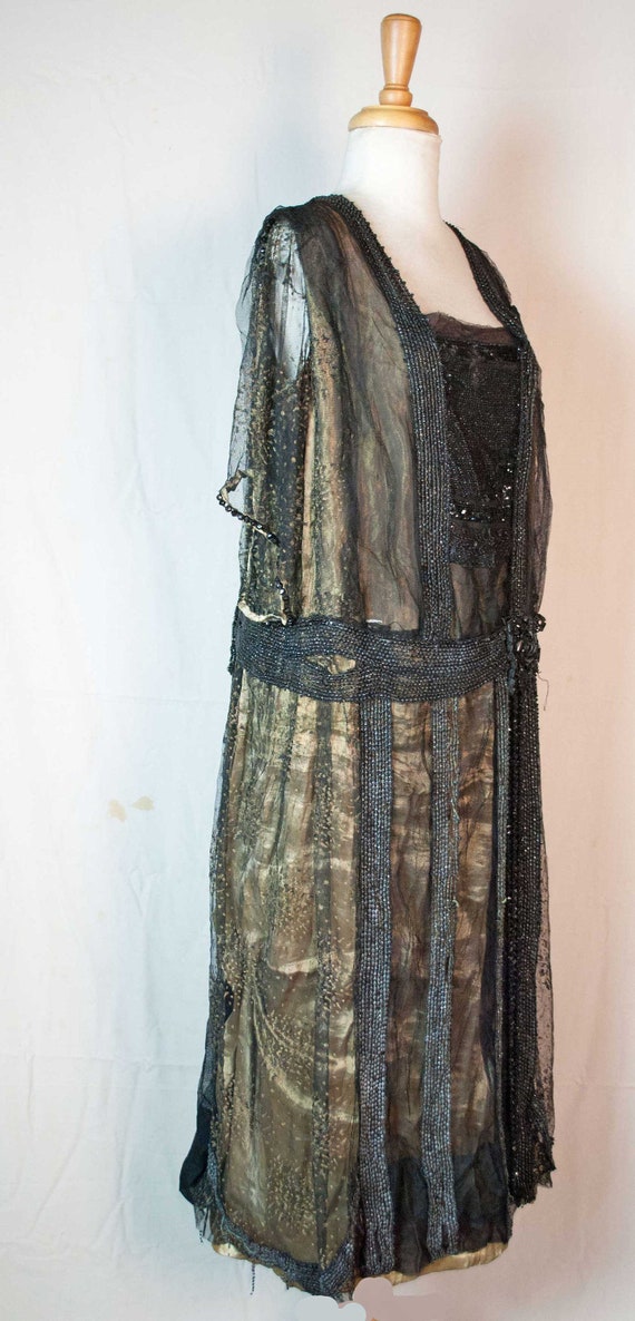 1920’s Flapper Evening Reception Gown Black Bugle… - image 2