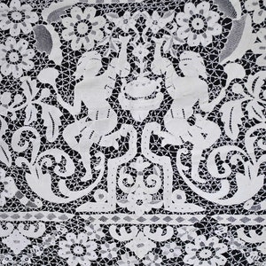 Antique Lace Figural Tablecloth Burano Lace, Dancing Ladies, Hand Made Needle Lace Work,  Early 1900s, 86&quot; x 71&quot;