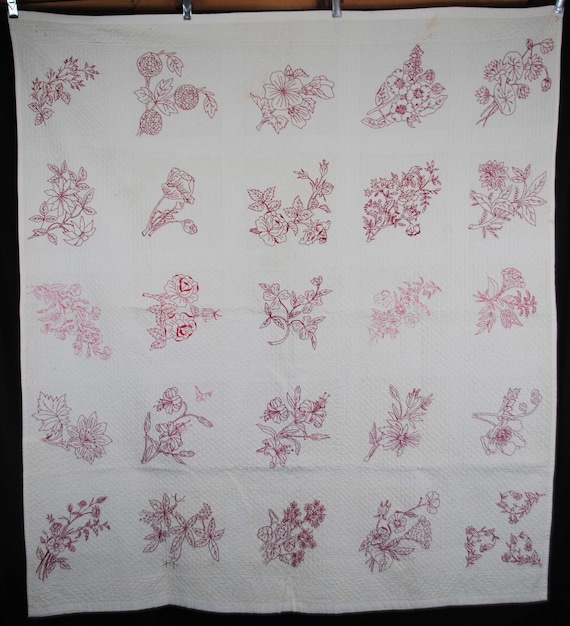 アンティークの手刺繍花柄キルト、1880 年代 - Etsy 日本