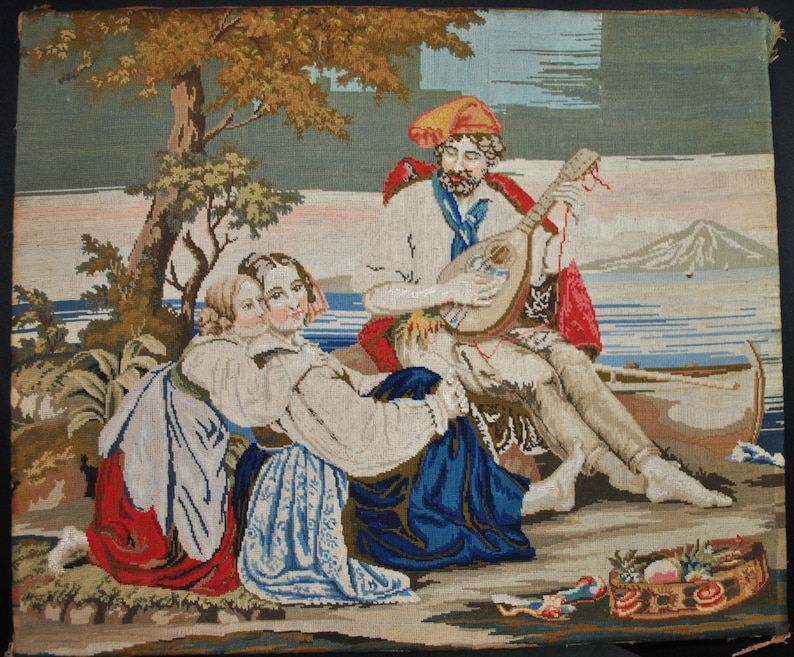 Large 27 Needlework Art 1850s Antique Victorian Petit Point Needlepoint Troubadour Courting Lady Tapestry Scene