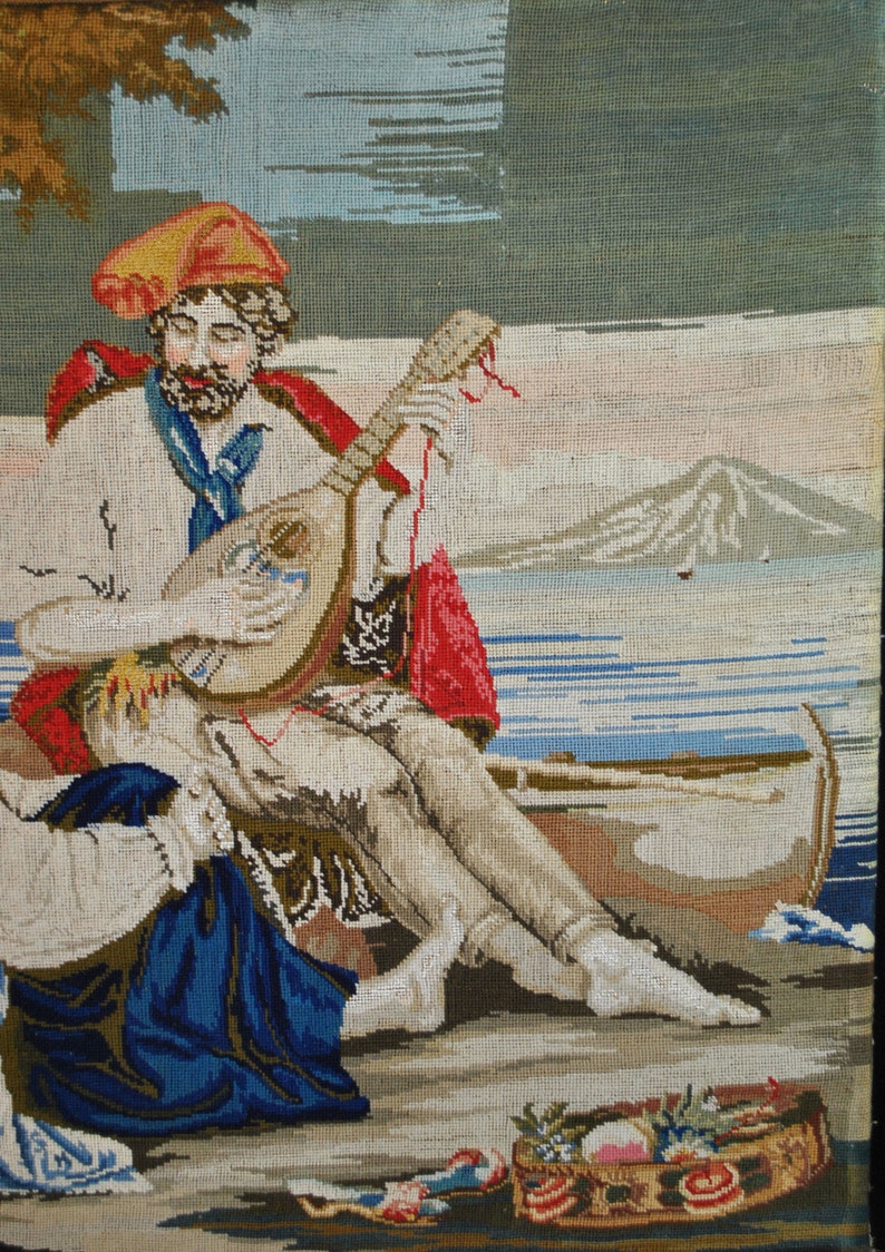 Large 27 Needlework Art 1850s Antique Victorian Petit Point Needlepoint Troubadour Courting Lady Tapestry Scene