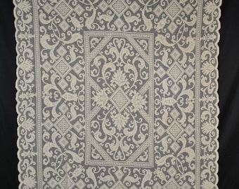 Antique Mondano Knotted Filet Net Mesh Lace Tablecloth, 79" x 58"
