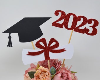 Red Graduation party decorations 2024, Graduation Centerpiece Sticks, cap, Diploma, class of 2024, graduation decorations, prom 2024