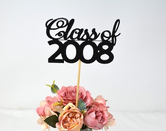 2008 Reunion Table centerpiece sticks, 15th High School Reunion Party Table, Class of 2008 Cutouts, Glitter Class Reunion cutouts, 2008