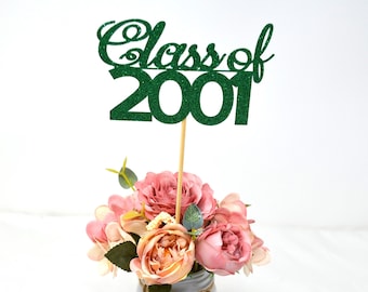 2001 Reunion Table centerpiece sticks, 25th High School Reunion Party Table, Class of 2001 Cutouts, Glitter Class Reunion cutouts, 2001