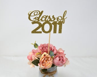 2011 Reunion Table centerpiece sticks, 15th High School Reunion Party Table, Class of 2011 Cutouts, Glitter Class Reunion cutouts, 2011