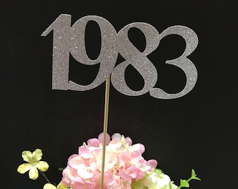 1983 Reunion Table centerpiece sticks, 35th High School Reunion Party Table, Class of 1983 Cutouts, Glitter Class Reunion stick, 1983 sticks