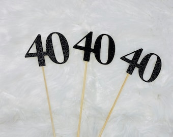 Set of 3 sticks, 40th Birthday Centerpiece Sticks, Glitter 40th Birthday Decoration, 40th Birthday Table Decorations, Age Cutouts