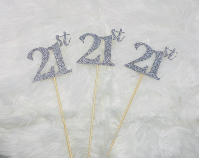 Set of 3 sticks, 21st Birthday Decorations, 21st Birthday Centerpiece Sticks, Glitter 21, 21st Birthday Table Decorations, Anniversary stick