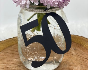 50th Birthday Centerpiece , Glitter 50th Birthday Decoration, 50th Birthday Table Decorations, Age Cutouts, 50 Mason jar tags