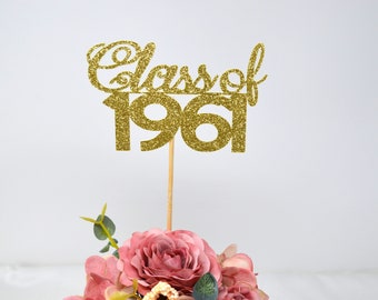 1961 Reunion Table centerpiece sticks, 65th High School Reunion Party Table, Class of 1961 Cutouts, Glitter Class Reunion cutouts, 1961