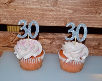 30 Birthday Cupcake Toppers, Birthday Decoration, 30th Birthday Party, Cupcake topper Glitter, 30 Anniversary