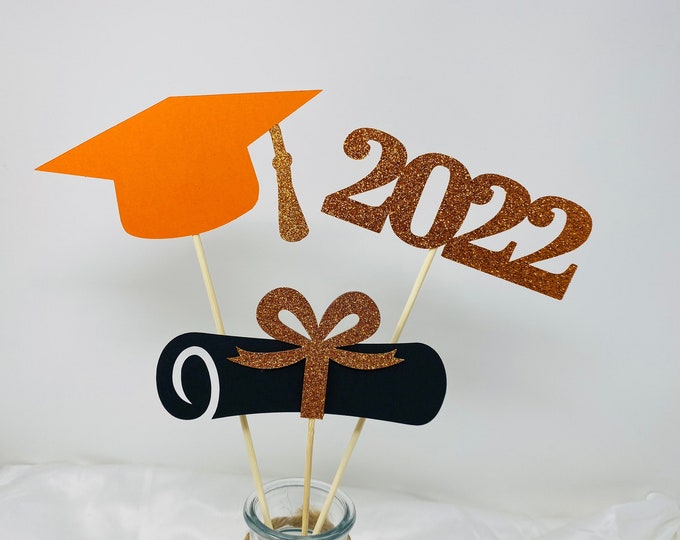 Graduation party decorations 2022, Orange Graduation Centerpiece Sticks, Grad, Cap, Diploma, class of 2022, Graduation Decoration 2022, 2022