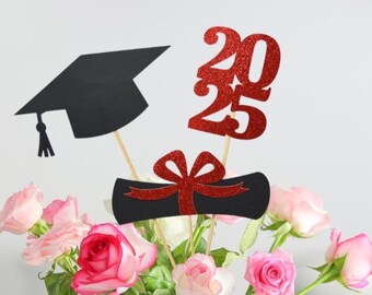 Graduation decoration 2025, Graduation Centerpiece Sticks, Cap, Diploma, class of 2025, 2025 Graduation Decoration, prom 2025, gold 2025