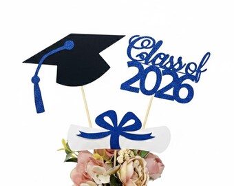 Graduation Table Centerpiece 2026, Class of 2026 Decor, Glitter Senior Night Table Decor, Blue Graduation Party Picks