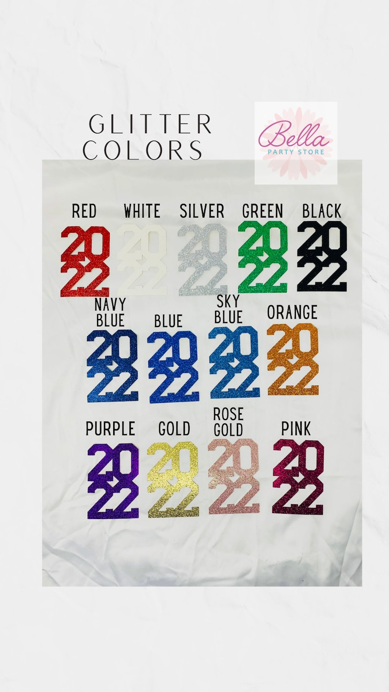 May include: A chart showing different glitter colors for the numbers 2022. The colors include red, white, silver, green, black, navy blue, blue, sky blue, orange, purple, gold, rose gold, and pink.