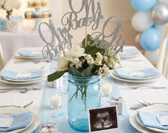 Oh Baby Centerpiece sticks, Baby Shower Glittery Topper, Topper Gender Reveal Party,  Baby Boy Table Decorations, Baby Shower Centerpiece