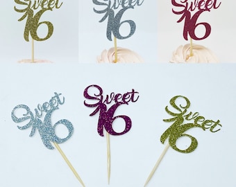 Sweet 16 cupcake topper, Sweet 16 Party Decorations, Sweet 16 Party Decor, Sweet 16 Birthday Party Cake Topper, Girl 16th Cupcake , 12 ct.