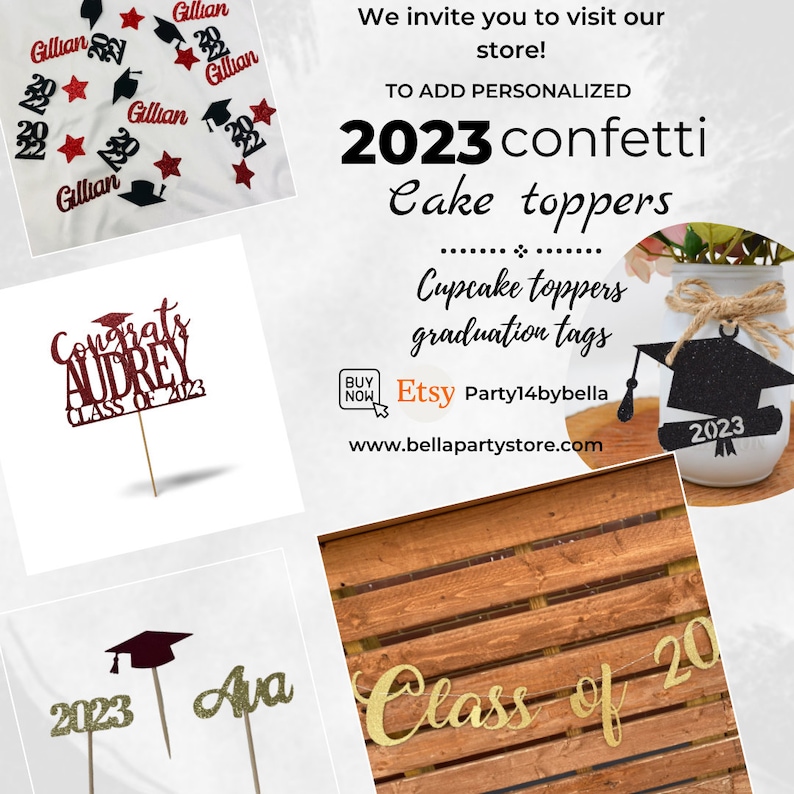 May include: A collection of graduation party decorations including cake toppers, cupcake toppers, and a banner. The cake toppers feature a graduation cap, the text "Congrats Audrey Class of 2023", and the text "Ava 2023". The cupcake toppers feature a graduation cap and the text "2023". The banner is gold and says "Class of 20".