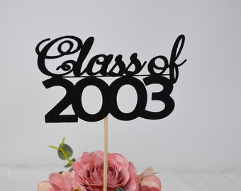 2003 Reunion Table centerpiece sticks, 20th High School Reunion Party Table, Class of 2003 Cutouts, Glitter Class Reunion cutouts, 2003