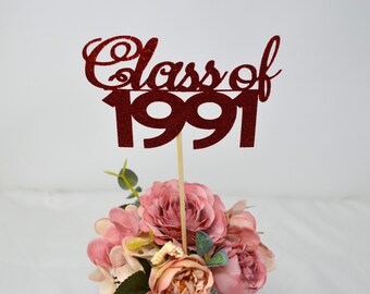 1991 Reunion Table centerpiece sticks, 35th High School Reunion Party Table, Class of 1991 Cutouts, Glitter Class Reunion cutouts, 1991