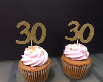 30th Birthday Cupcake Toppers 12 Ct., Glitter 30th Birthday Decoration, 30th Birthday Table Decorations, Age Cutouts, Cupcake Decorations