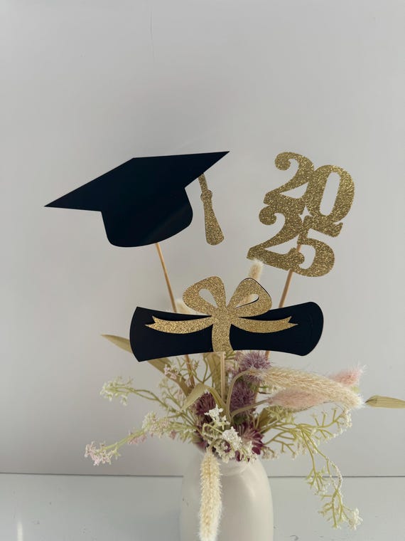 Graduation Decoration Class Of 2026 Centerpieces For Table, 2026 Party Centerpieces Grad Cap Sticks Party Supplies, Graduation Party Decoration Toppeers (16 PCS, Gold & Black, Set Of 4
