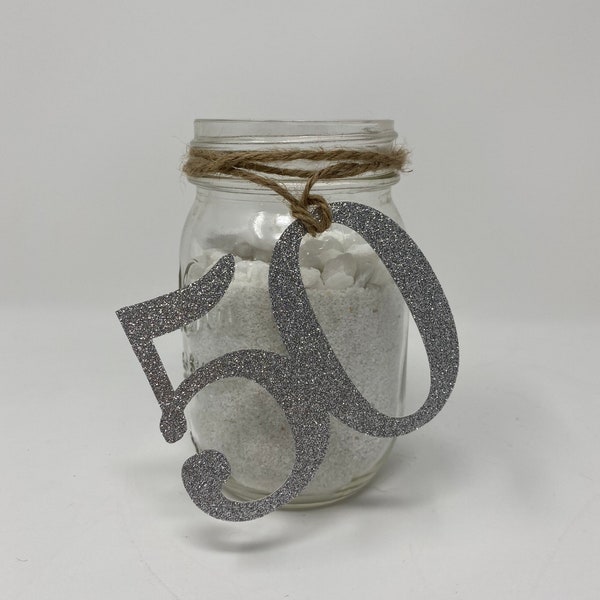50th Birthday Centerpiece , Glitter 50th Birthday Decoration, 50th Birthday Table Decorations, Age Cutouts, 50 Mason jar tags