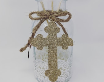 Baptism Centerpieces-Baptism Decor-Baby Boy Baptism Decorations - Rustic Christening Cross Centerpiece Decor - Rustic Mason Jar Baptism Deco