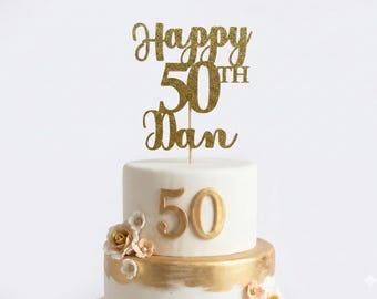 Custom 50th Birthday Cake Topper for Men, Personalized Name Topper, Black Gold Glitter Happy 50th Topper, Dad Husband 50th Party Decor