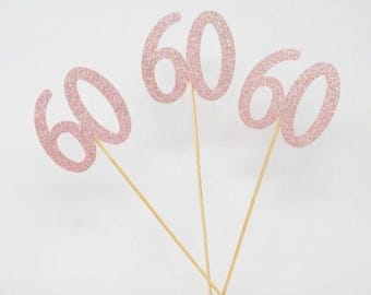 60th Birthday decoration, 60th Birthday Centerpiece Sticks, Glitter 60th, 60th Birthday Table, Age sticks, 60 Anniversary Set of 3 sticks,