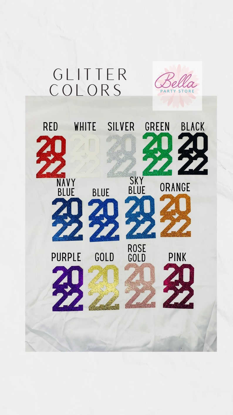 May include: A chart showing different glitter colors for the numbers 2022. The colors include red, white, silver, green, black, navy blue, blue, sky blue, orange, purple, gold, rose gold, and pink.