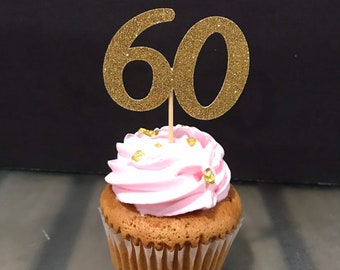 60th Birthday Cupcake Toppers 12 Ct., Glitter 60th Birthday Decoration, 60th Birthday Table Decorations, Age Cutouts, Cupcake Decorations