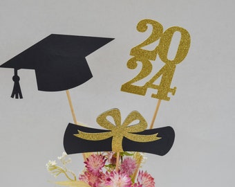 Graduation decoration 2024, Graduation Centerpiece Sticks, Cap, Diploma, class of 2024, 2024 Graduation Decoration, prom 2024, gold 2024