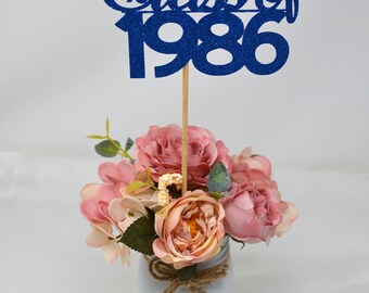 Class of 1986 40th Reunion Centerpiece Sticks | 1986 High School Reunion Table Decorations | Glitter Centerpiece Picks, Alumni Banquet Table