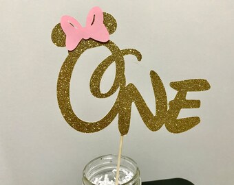 Minnie Mouse Cake Topper, Gold and Pink Glitter Minnie Cake Topper ,First Birthday Party Cake Stick ,One Minnie Cake Decoration Topper