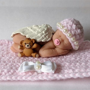 Sleeping Angel Baby with wings, hand crocheted hat and blanket with bow and pearls for miscarriage baby pregnancy loss gift keepsake