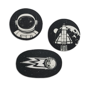 Organic Patch Set of 3 SPACE b/w Rocket Astronaut Comet