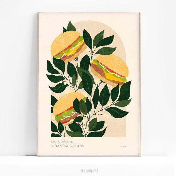 Botanical vintage beef burger poster Printable wall art INSTANT DOWNLOAD