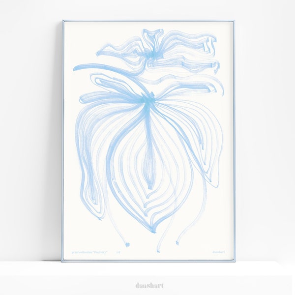 Light blue abstract line flower Printable wall art Floral modern trendy large minimalist poster for Bedroom kitchen decor INSTANT DOWNLOAD