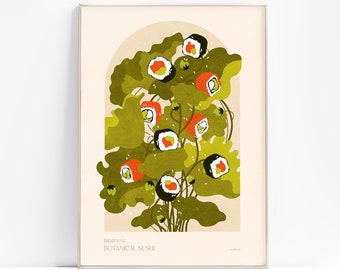 Botanical vintage sushi poster Printable wall art Modern kitchen art INSTANT DOWNLOAD