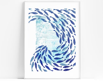 Blue fish art Linocut poster Printable wall art Bedroom wall decor INSTANT DOWNLOAD