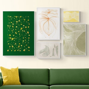 Set of 5 prints Gallery wall Beige and green Abstract line poster Printable wall art Pressed flowers Modern decoration Room decor aesthetic zdjęcie 1