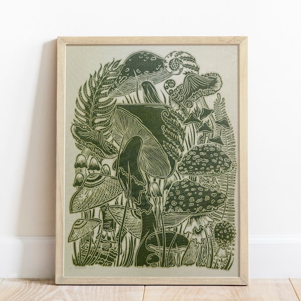 Summer wall art Green retro mushrooms Linocut print Botanical original artwork Printmaking cottagecore decor Farmhouse kitchen New home gift